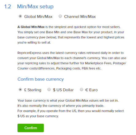 Global Min/Max price setup